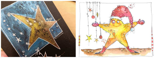 Bunte Zeichnungen aus dem Aquarell+ Weihnachtsworkshop im Atelier zum Glück