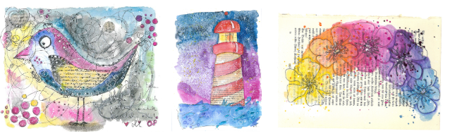 Bunte Zeichnungen aus dem Aquarell+ Aufbaukurs im Atelier zum Glück