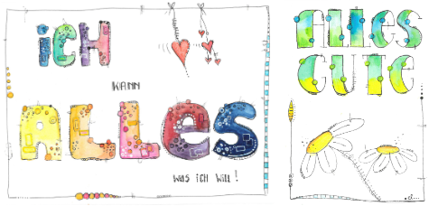 Bunte Zeichnungen aus dem Aquarell+ Kurs Lettering mal anders im Atelier zum Glück