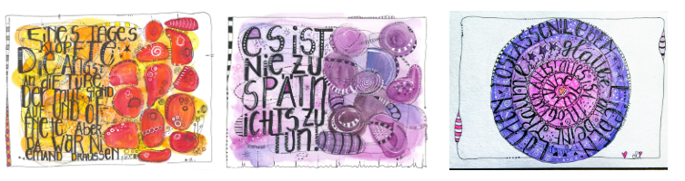 Bunte Zeichnungen aus dem Aquarell+ Kurs Wortzauber und Farbenfreude im Atelier zum Glück