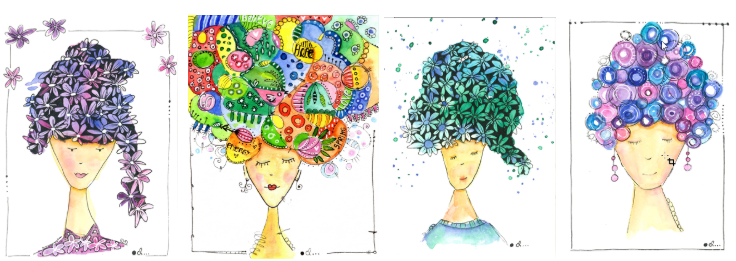 Bunte Zeichnungen aus dem Aquarell+ Kurs Wuschelkopf im Atelier zum Glück