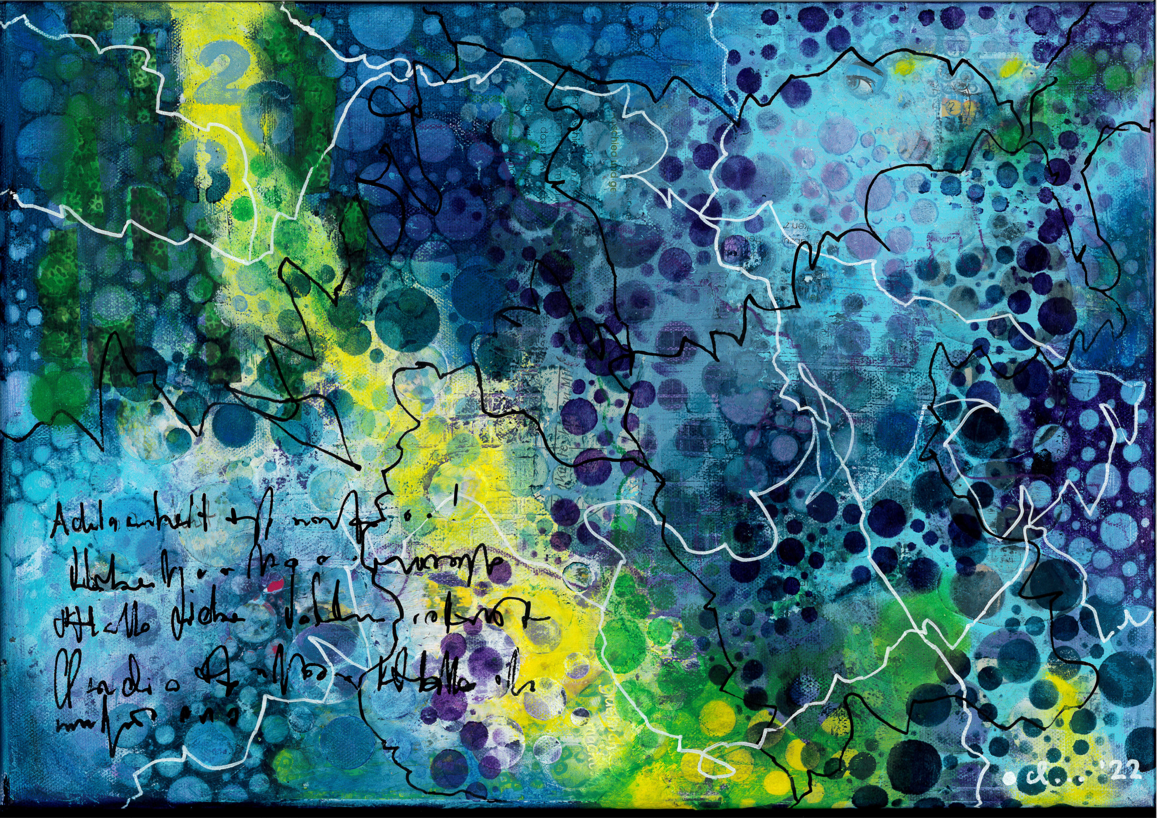 Fertiges Mixed-Media-Werk in Lila, Blau und Gelb mit Collage-Elemente