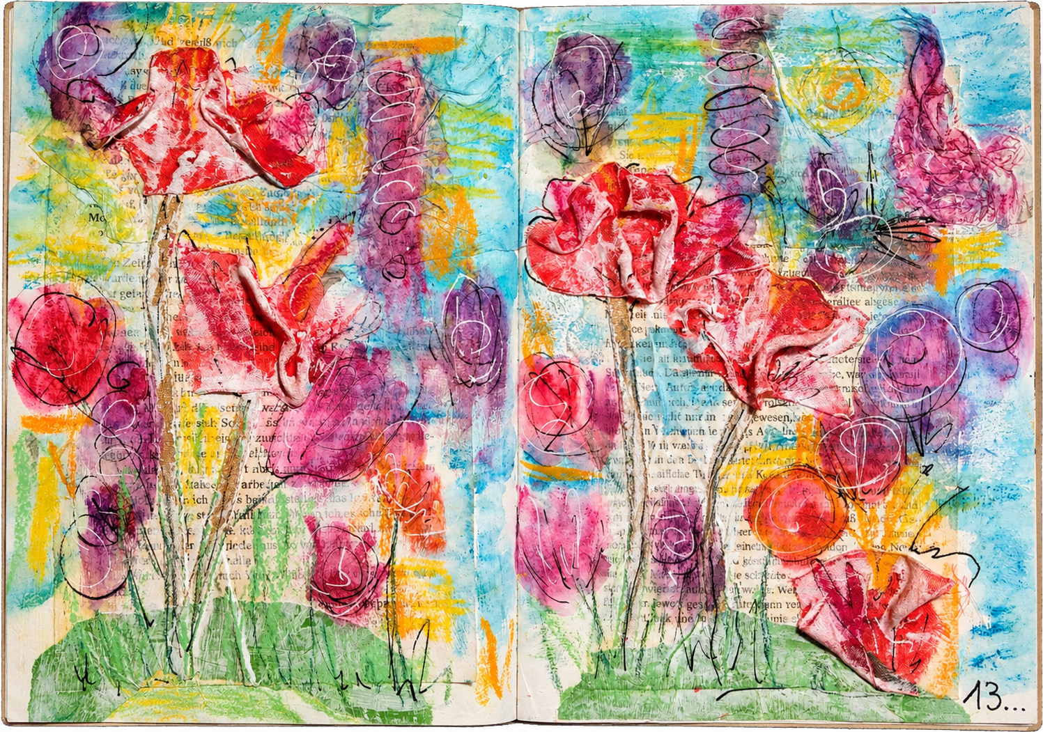 MixedMedia-Arbeit von Claudia Lerch in einem Artjournal auf Buchseite