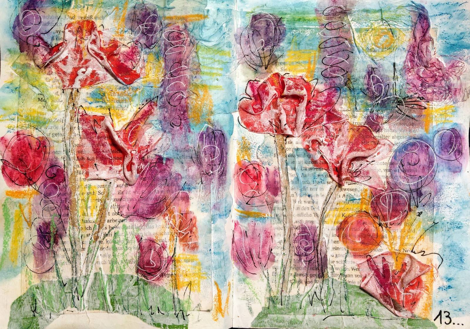 Buntes Mixed-Media-Bild mit Blumen, Acryl und Collage, Werk aus dem Atelier zum Glück